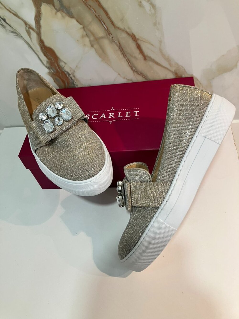 Scarlet Galassia Crystal Embellished Glitter Loafer Sneakers Sz 38